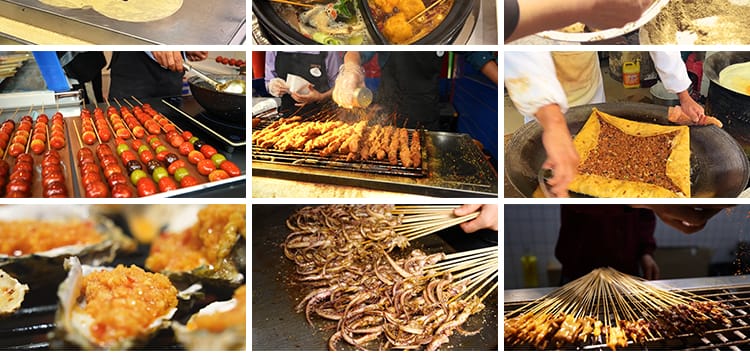 夜市美食街路边摊小吃街头特色烤串臭豆腐炸串炭烤海鲜短视频素材