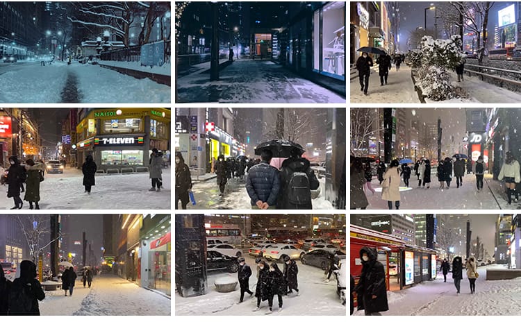 城市街道雪景下雪天夜晚街头人流车流冬天冬季雪花走拍短视频素材