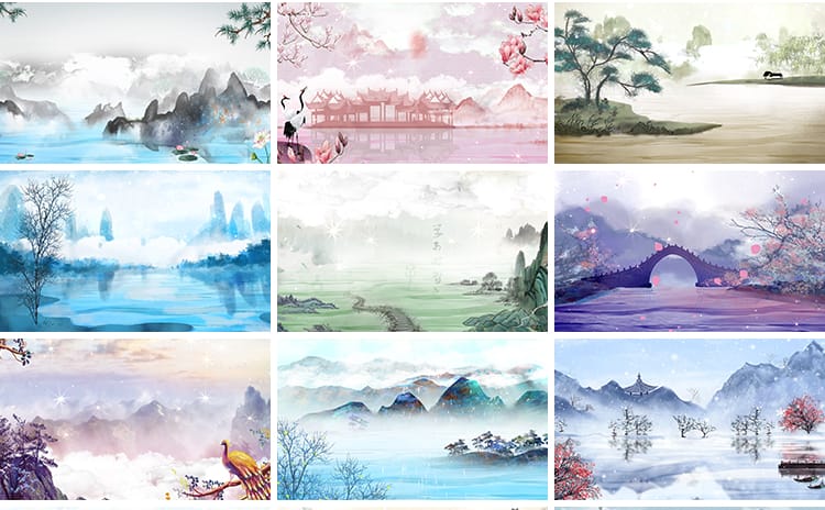 古诗词朗诵中国风古典清新水墨山水画LED舞台大屏幕背景视频素材