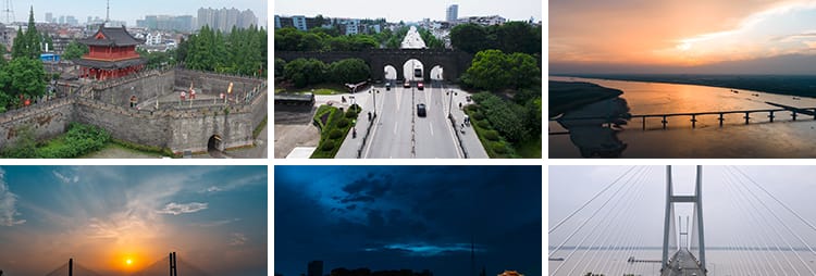 湖北荆州古城墙历史文化宾阳楼夜景长江大桥旅游景点航拍视频素材