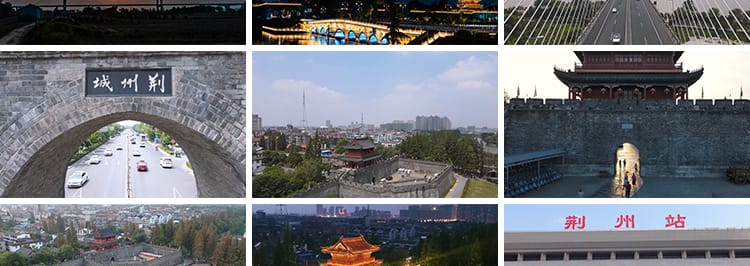 湖北荆州古城墙历史文化宾阳楼夜景长江大桥旅游景点航拍视频素材