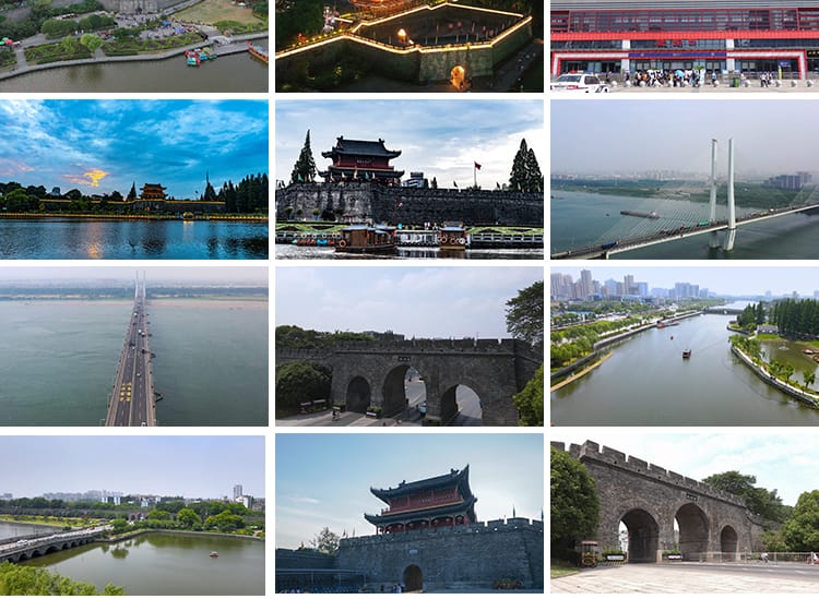 湖北荆州古城墙历史文化宾阳楼夜景长江大桥旅游景点航拍视频素材