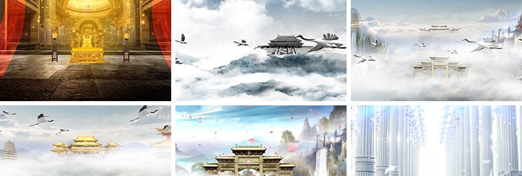 中国风宫殿唐朝金銮殿天宫古代建筑古风水墨舞台LED背景视频素材