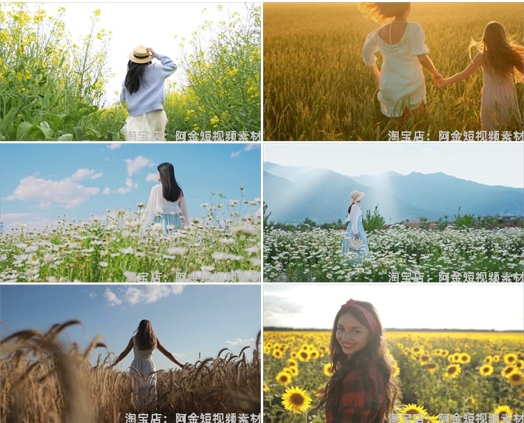 女孩花丛行走背影奔跑草丛花海唯美人物情感治愈系清新短视频素材