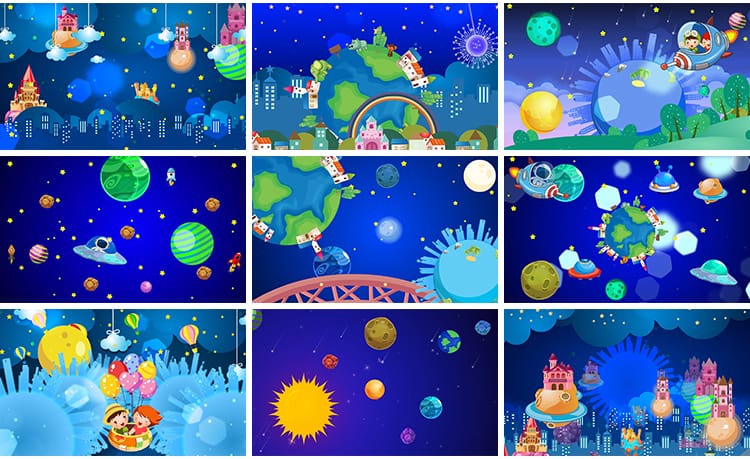 卡通儿童星空星球星系地球宇宙火箭太空动态舞台LED背景视频素材