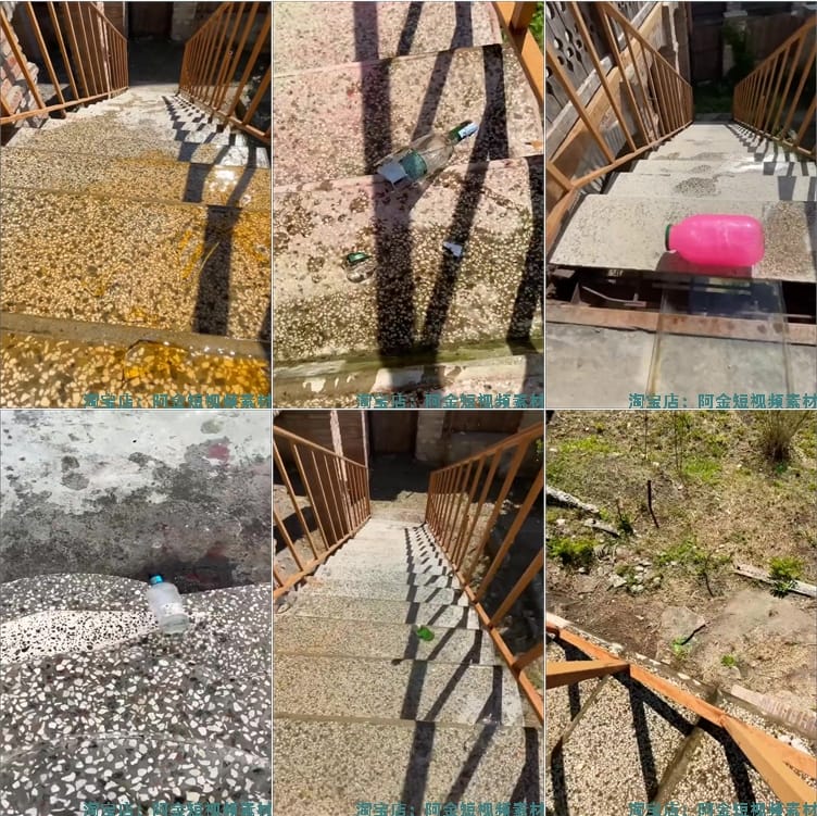竖屏楼梯滚玻璃瓶子饮料罐破碎国外高清解压短视频小说推文素材