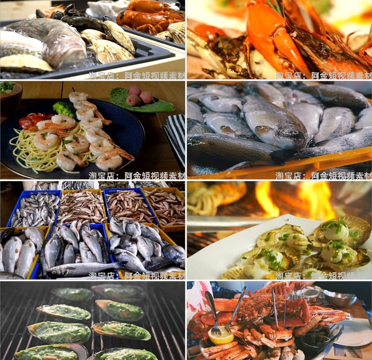 海鲜料理创意美食制作解压食材特写烧烤皮皮虾大闸蟹生蚝视频素材
