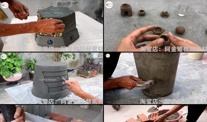 农村灶台花盆建造水泥砌砖手工手艺人高清解压短视频小说推文素材