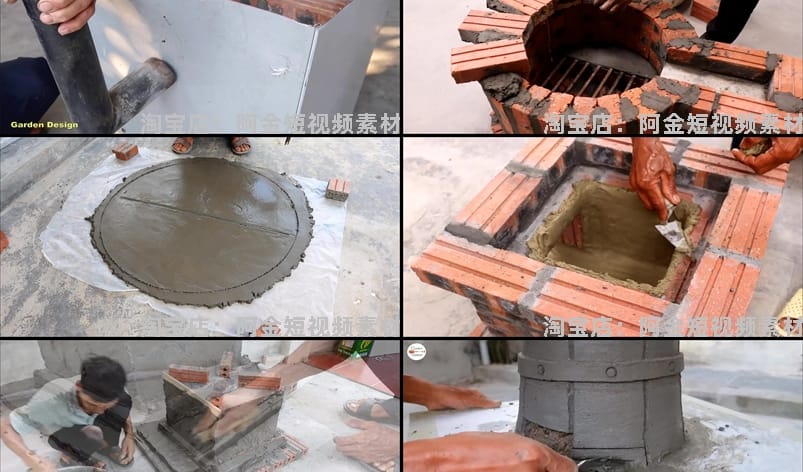 农村灶台花盆建造水泥砌砖手工手艺人高清解压短视频小说推文素材