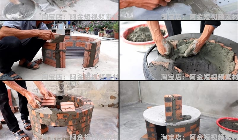 农村灶台花盆建造水泥砌砖手工手艺人高清解压短视频小说推文素材