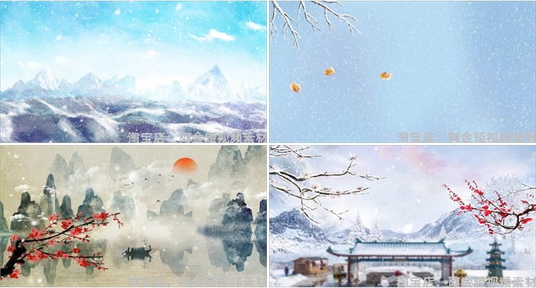 飘雪雪景古风水墨山水画抖音绿幕动态舞台直播间led背景视频素材