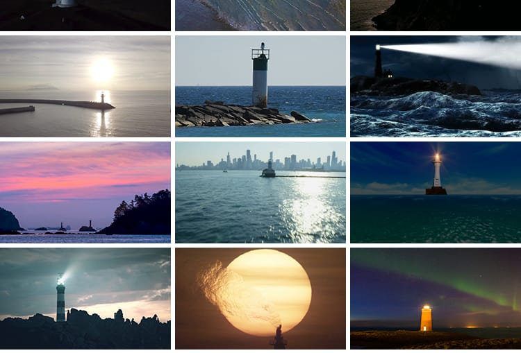 海上灯塔导航灯指路灯光照明海港大海中灯塔绿色极光极地视频素材