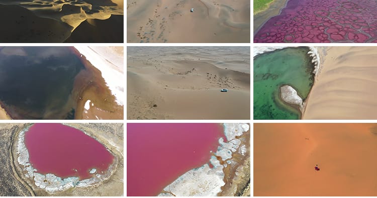 内蒙古巴丹达格图红海子湖景湖泊金色沙漠沙丘地貌航拍短视频素材