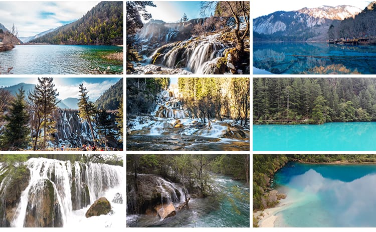 九寨沟高清风景点旅游景区五彩池山河瀑布航拍实拍风光短视频素材