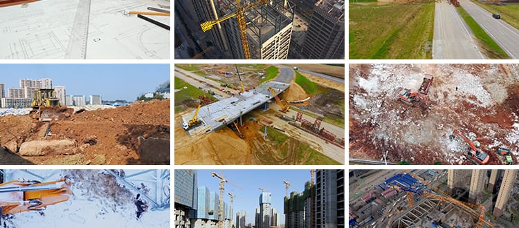 建筑工程师工地施工楼房房屋设计图纸工人卡车吊车挖掘机视频素材