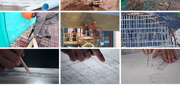 建筑工程师工地施工楼房房屋设计图纸工人卡车吊车挖掘机视频素材