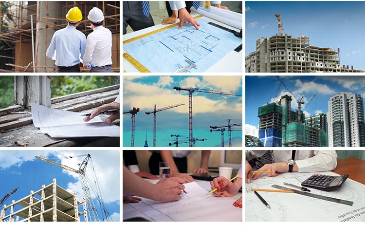 建筑工程师工地施工楼房房屋设计图纸工人卡车吊车挖掘机视频素材