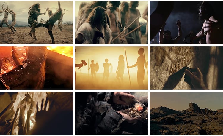 原始人类社会史前文明世界部落冲突打猎岩壁进化钻木取火视频素材