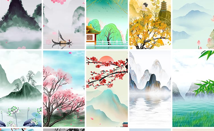 中国风水墨古典古风山水风景画意境竖版直播舞台背景动态视频素材