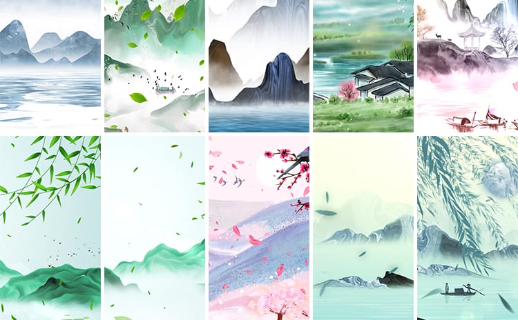 中国风水墨古典古风山水风景画意境竖版直播舞台背景动态视频素材