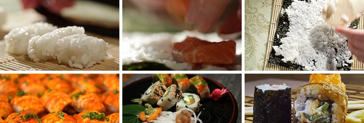 日本料理日式刺身三文鱼寿司卷美食特写料理店生鱼片实拍视频素材