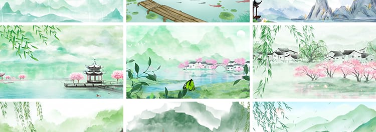 古风LED背景中国风意境春天桃花水墨山水画动态舞台年会视频素材