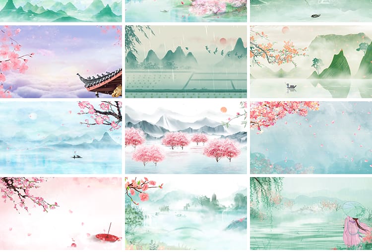 古风LED背景中国风意境春天桃花水墨山水画动态舞台年会视频素材