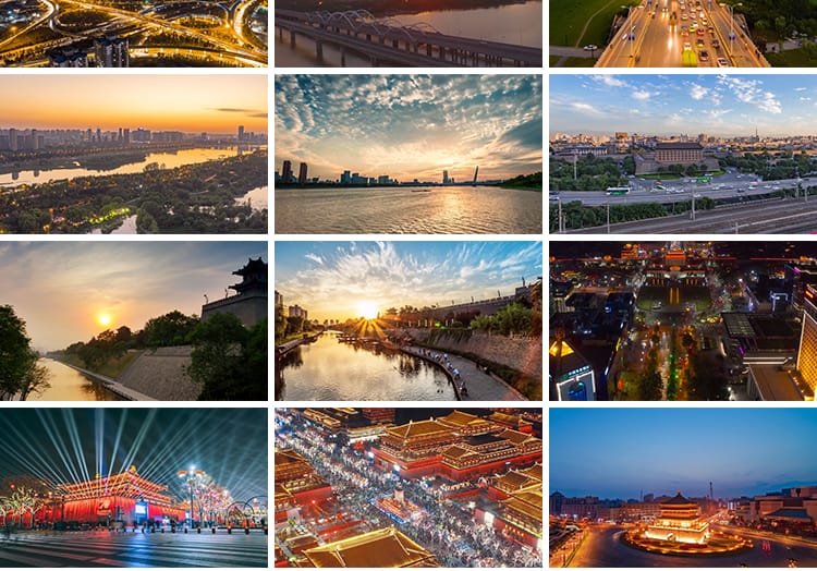 西安实拍航拍建筑cbd日转夜延时城市夜景大唐不夜城景点视频素材