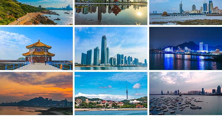 山东青岛城市建筑风光CBD夜景栈桥旅游五四广场地标航拍视频素材