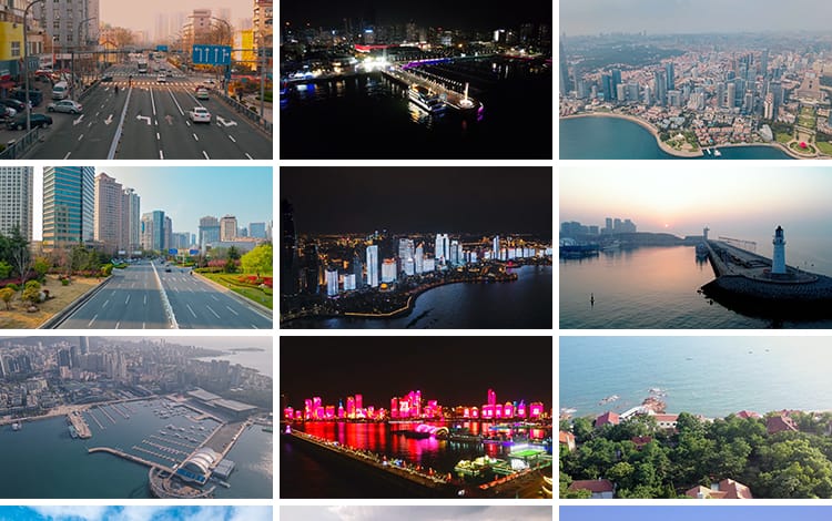 山东青岛城市建筑风光CBD夜景栈桥旅游五四广场地标航拍视频素材