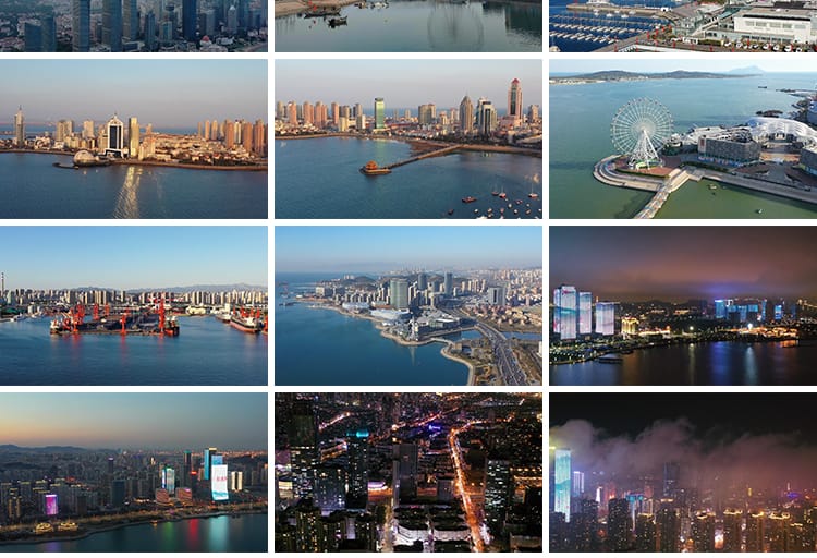 山东青岛城市建筑风光CBD夜景栈桥旅游五四广场地标航拍视频素材