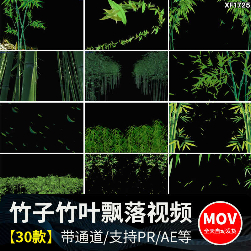 竹叶飘落竹子竹林绿色叶子落叶树叶散落MOV透明通道pr_ae视频素材