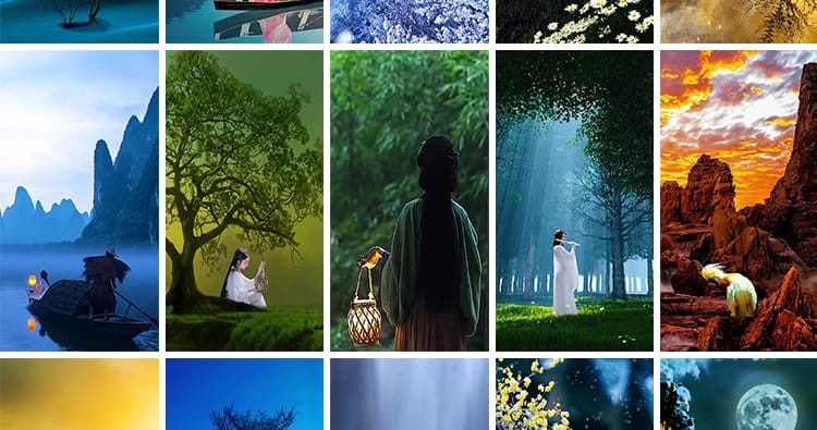 竖屏竖版古风人物夜色月色唯美治愈系古装教程绿幕抖音短视频素材