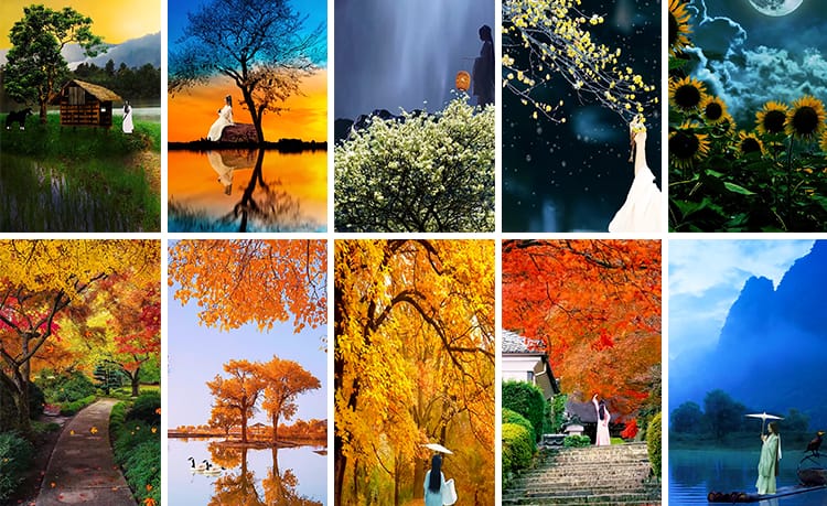 竖屏竖版古风人物夜色月色唯美治愈系古装教程绿幕抖音短视频素材