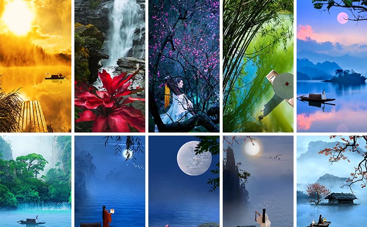 竖屏竖版古风人物夜色月色唯美治愈系古装教程绿幕抖音短视频素材