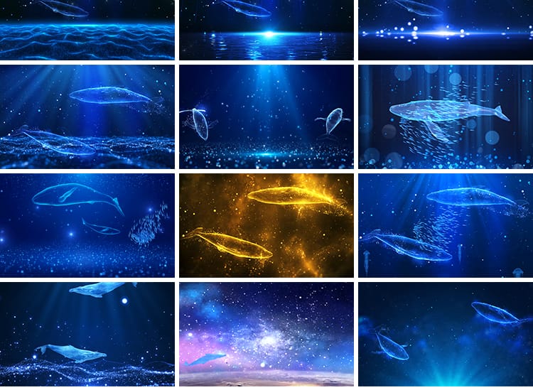 唯美蓝色大海海底鲸鱼游动粒子梦幻抒情星空舞台LED背景视频素材