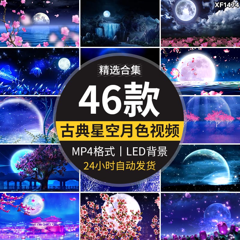 荷塘月色星空唯美古典中国风花好月圆月亮LED大屏幕背景视频素材