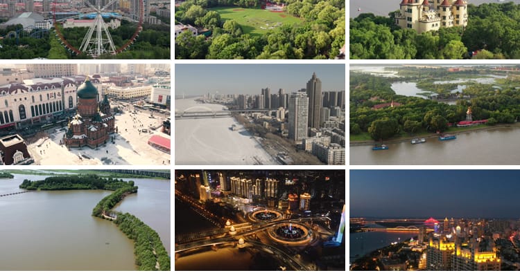 哈尔滨松花江公路大桥圣索菲亚大教堂大剧院城市建筑夜景视频素材