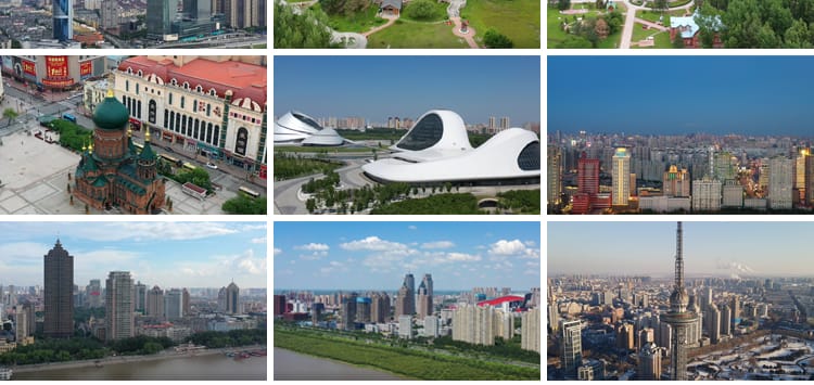 哈尔滨松花江公路大桥圣索菲亚大教堂大剧院城市建筑夜景视频素材