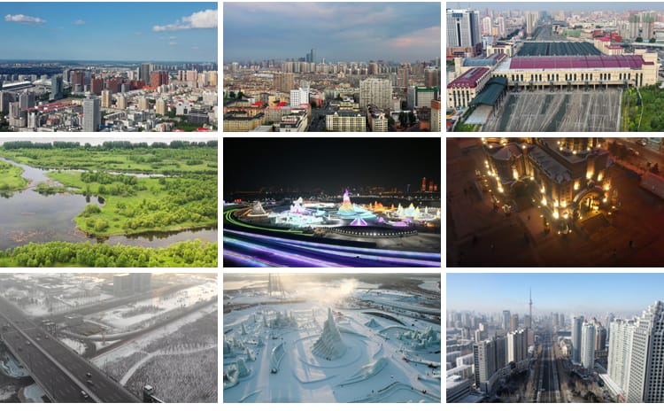 哈尔滨松花江公路大桥圣索菲亚大教堂大剧院城市建筑夜景视频素材