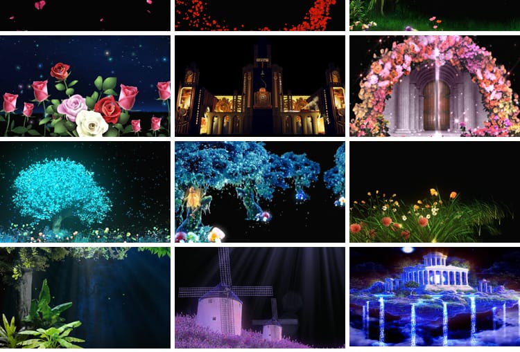 唯美婚礼婚庆开场全息梦幻影花瓣森林城堡LED大屏幕背景视频素材