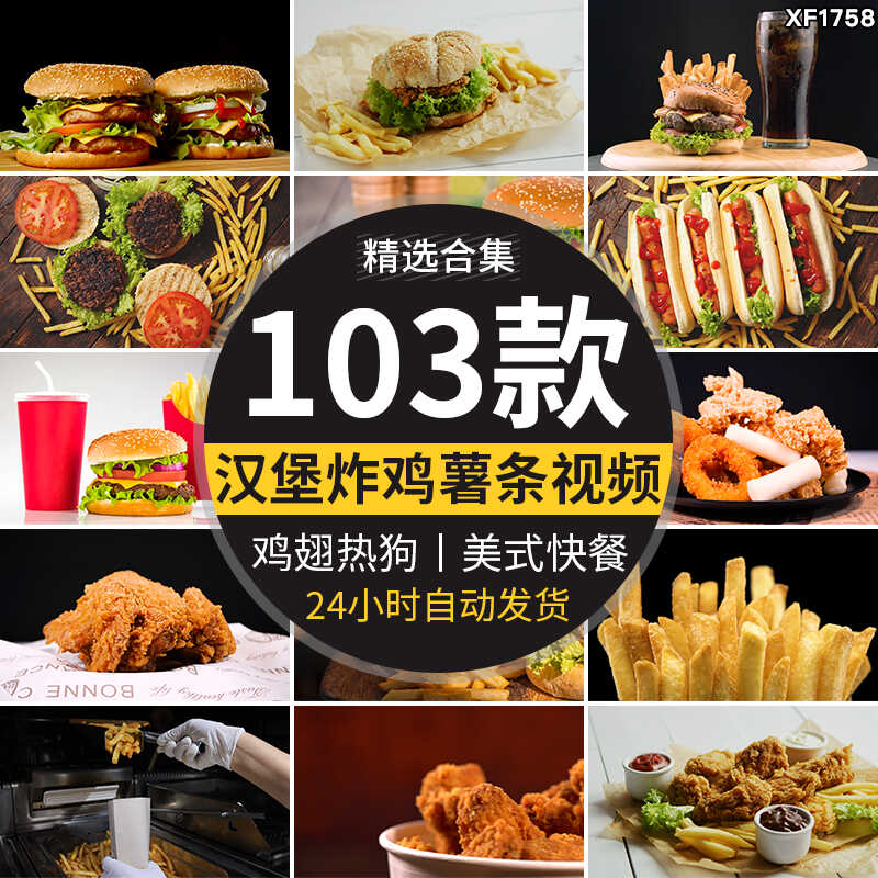 汉堡薯条炸鸡热狗香肠鸡翅鸡腿抖音快手自媒体美食剪辑短视频素材