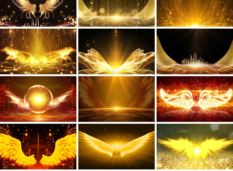 金色粒子天使翅膀企业年会颁奖启动会议光效线条LED背景视频素材