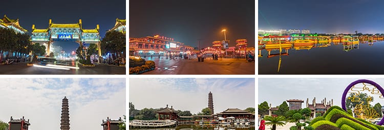河南开封旅游景点开封府清明上河园铁塔城楼夜景全景航拍视频素材