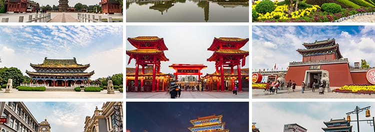 河南开封旅游景点开封府清明上河园铁塔城楼夜景全景航拍视频素材