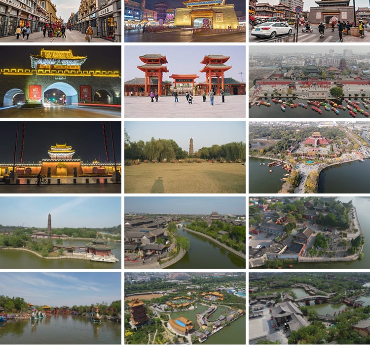 河南开封旅游景点开封府清明上河园铁塔城楼夜景全景航拍视频素材