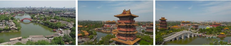 河南开封旅游景点开封府清明上河园铁塔城楼夜景全景航拍视频素材