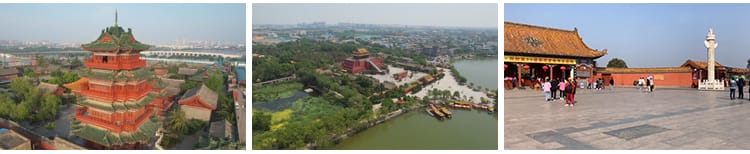 河南开封旅游景点开封府清明上河园铁塔城楼夜景全景航拍视频素材