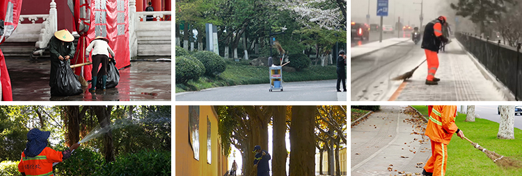 城市环卫工人洒水清扫清洁垃圾车绿化道路劳动者保洁街道视频素材