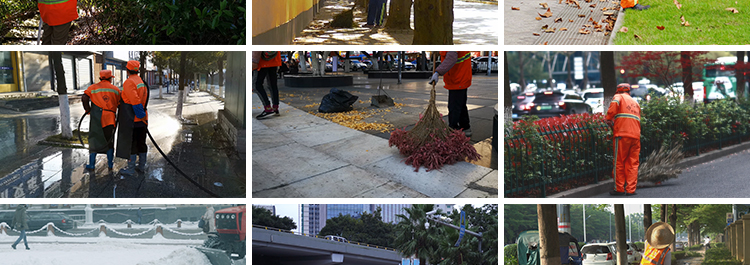 城市环卫工人洒水清扫清洁垃圾车绿化道路劳动者保洁街道视频素材